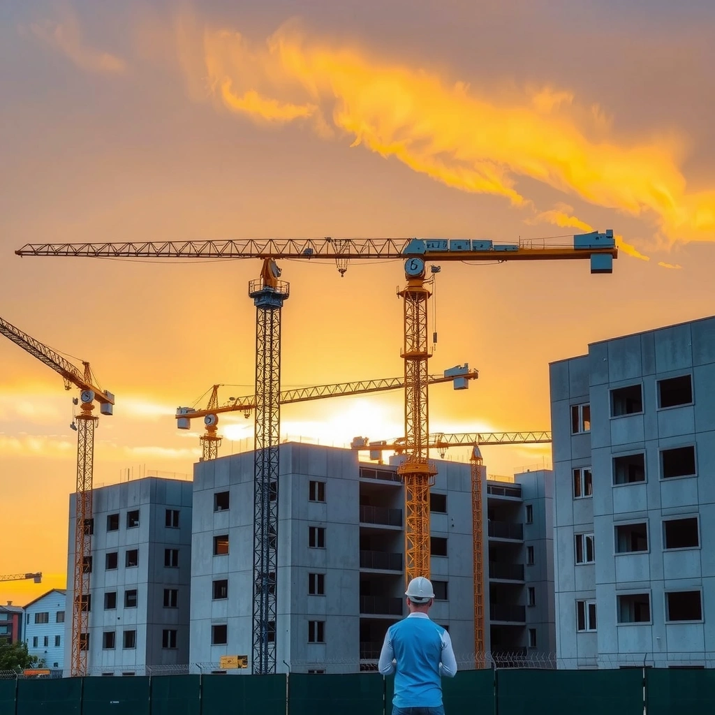 Modern construction site with cranes and buildings